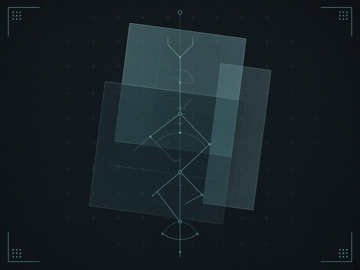Abstract cyan schematic of layered atlas sheets and a vertical care axis